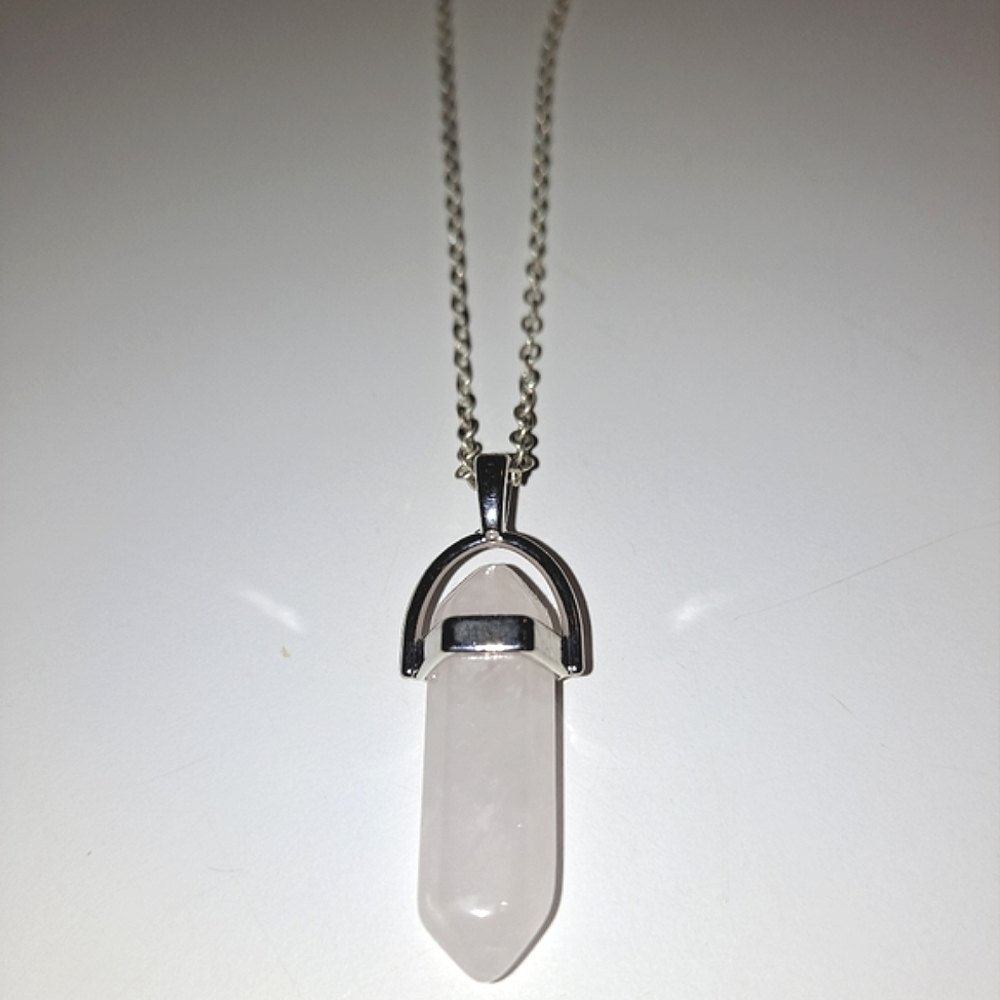 White crystal stone pendant necklace charm jewelry silver chain pendulum NWT